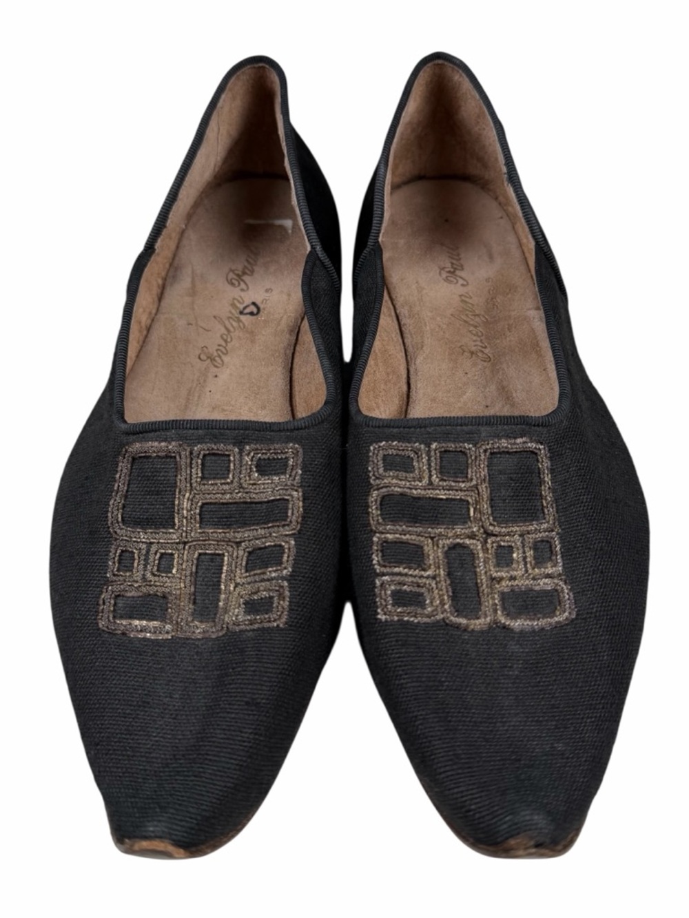 Vintage Evelyn Paul Handmade French Black Canvas / Satin Slippers Size 7